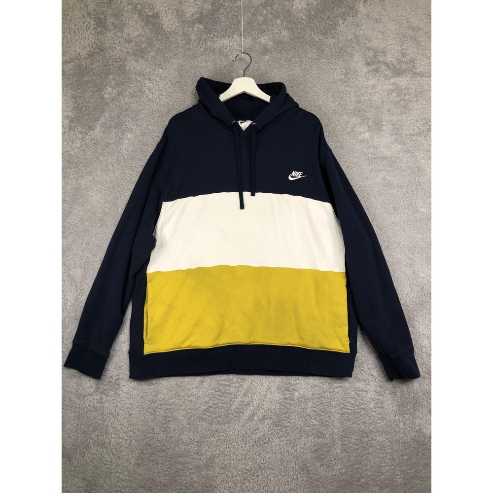 Nike Hoodie Men's XXL Yellow Navy White Club Fleece Color Block Pullover